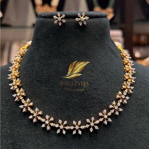 Elegant Gold and Silver Floral AD Necklace Set